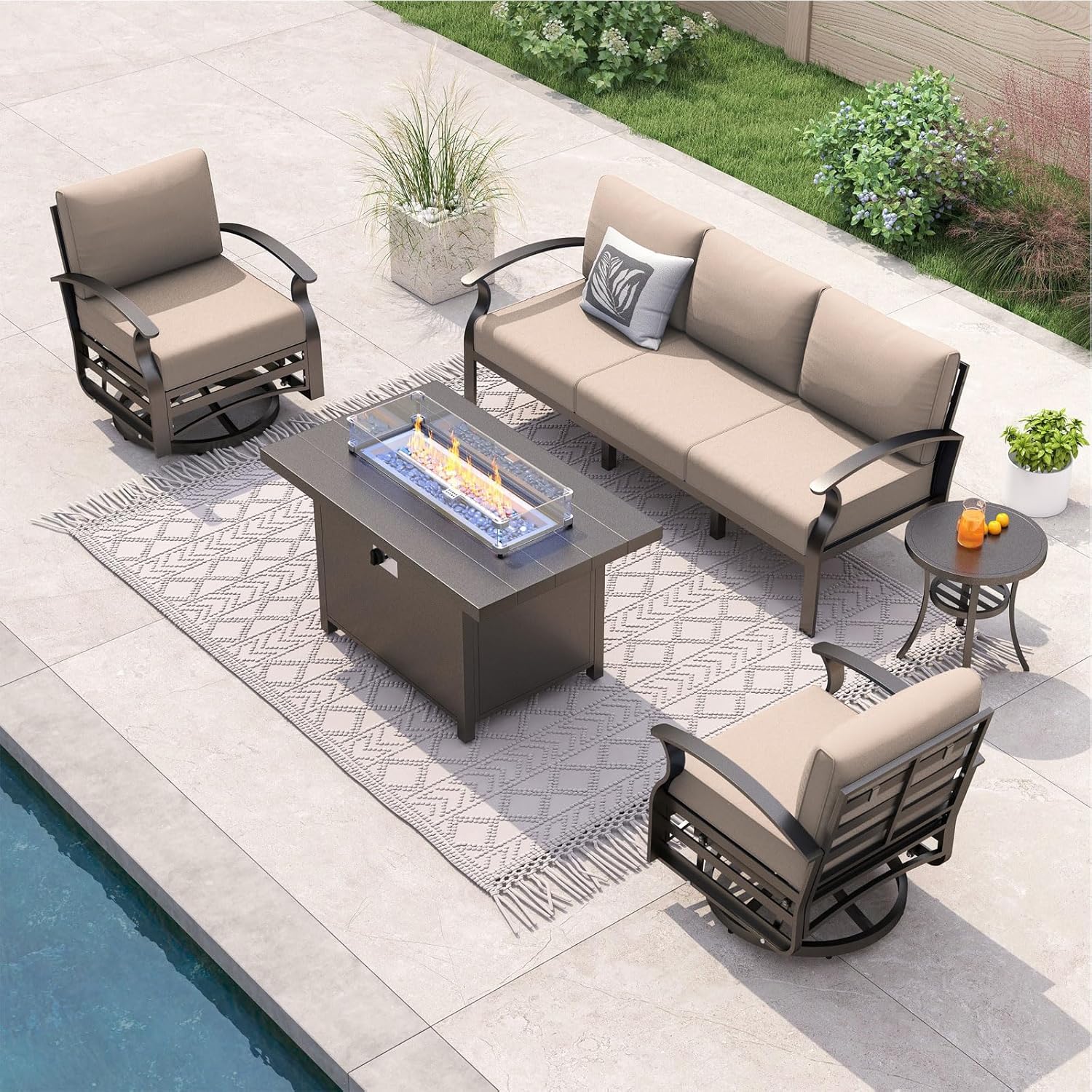 Outdoor Furniture With Fire Pit Table - 5-seat Aluminum Patio Sectional Sofa Set