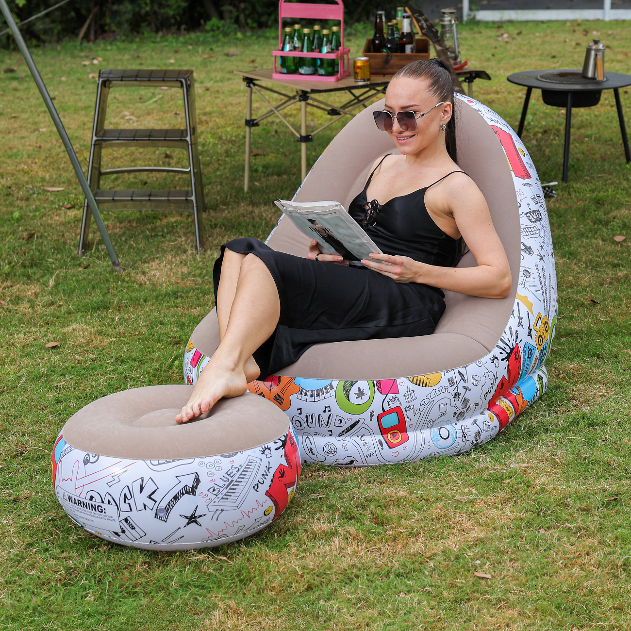 Outdoor Furniture Lounge Set - 1PC Inflatable Lounger Chair with Ottoman,