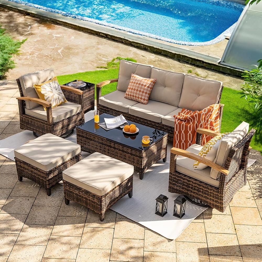 Outdoor Furniture Europe - 7pc PE Wicker Patio Set,Swivel Rocker