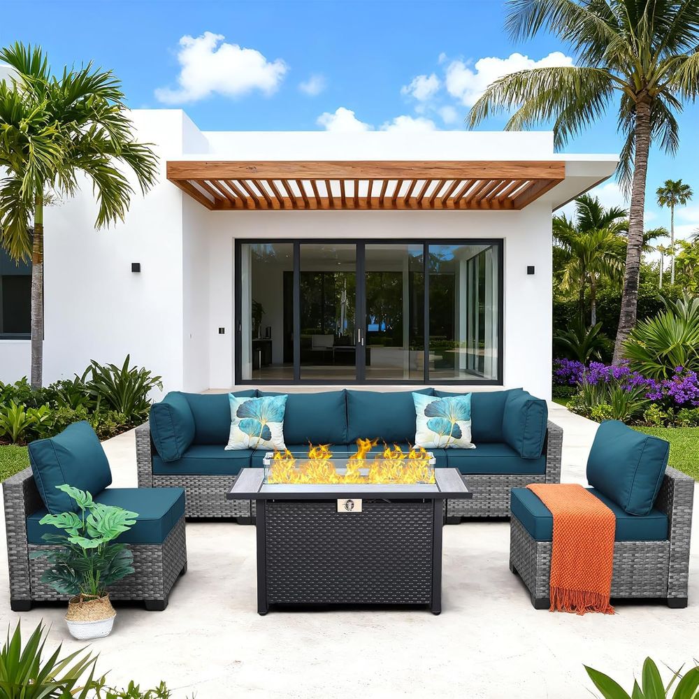 7-Piece Outdoor Wicker Patio F - Outdoor Furniture With Fire Pit Table recension och pris