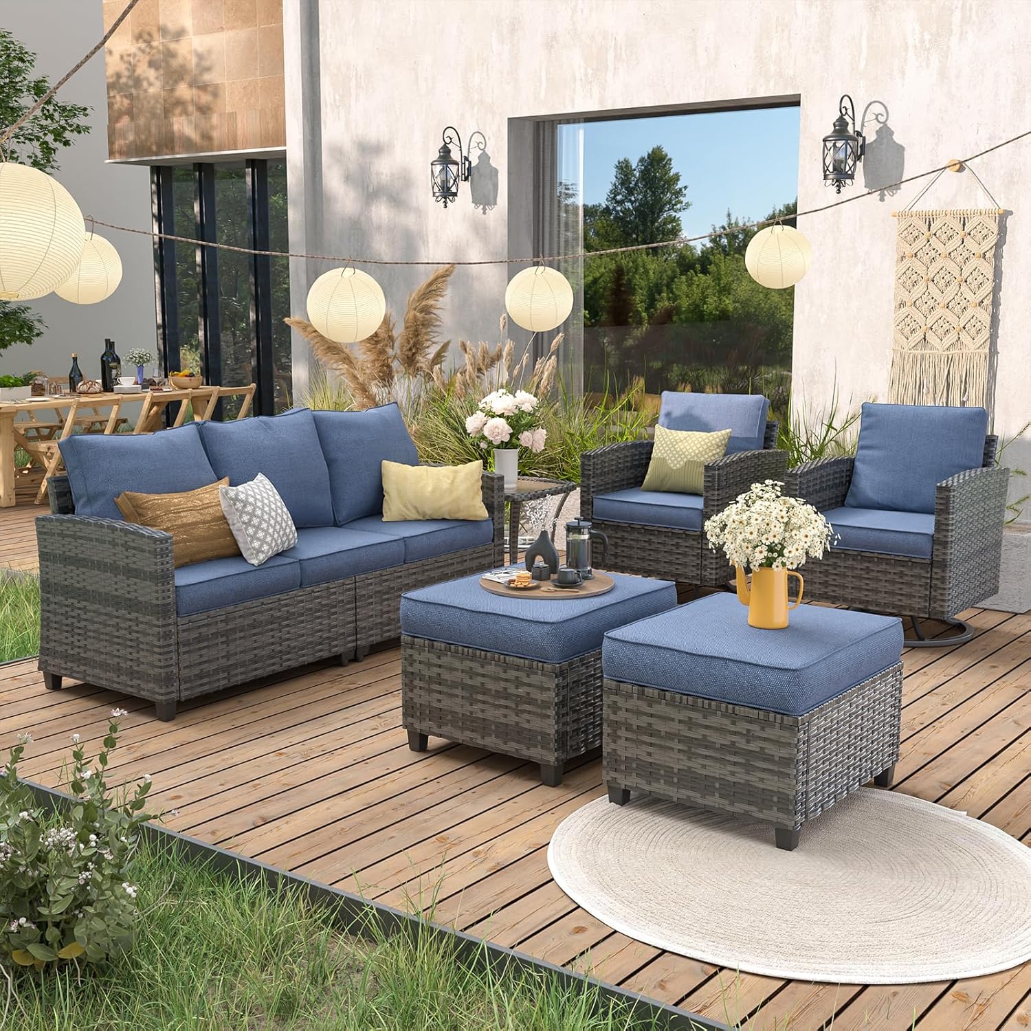 6pc Gray PE Rattan Sectional S - Outdoor Furniture With Fire Pit Table recension och pris